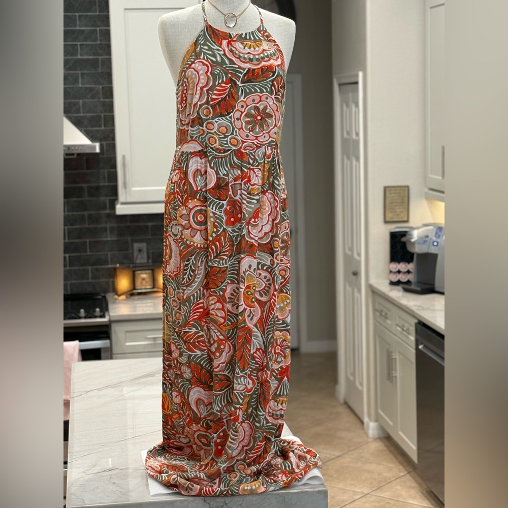 Spring Floral Maxi Dress in Olive, Coral & Cream Size Large Same Day Shipping